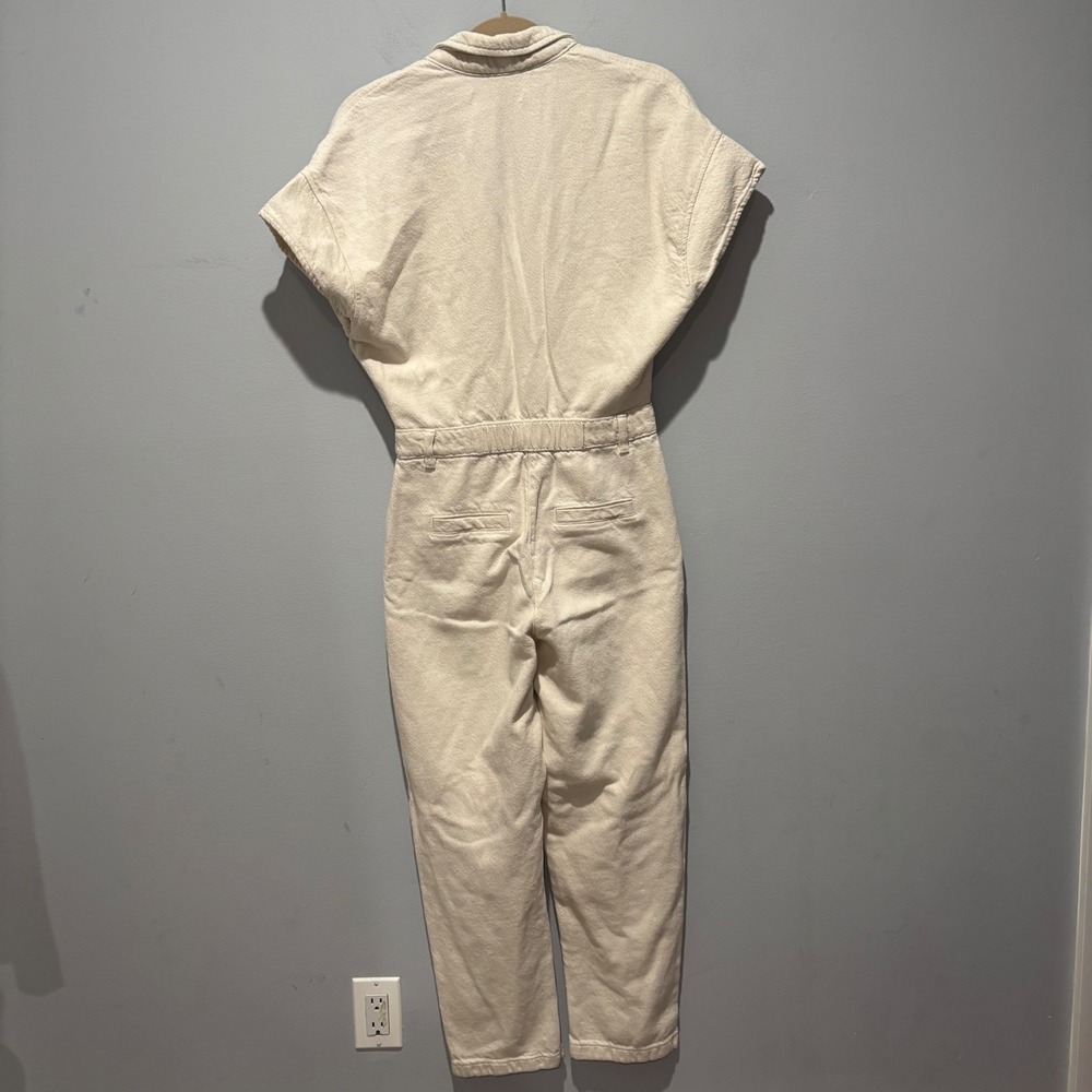 Zara Women Cream Denim Boilersuit Jumpsuit Button Front Ecru Utility Small - Picture 4 of 5